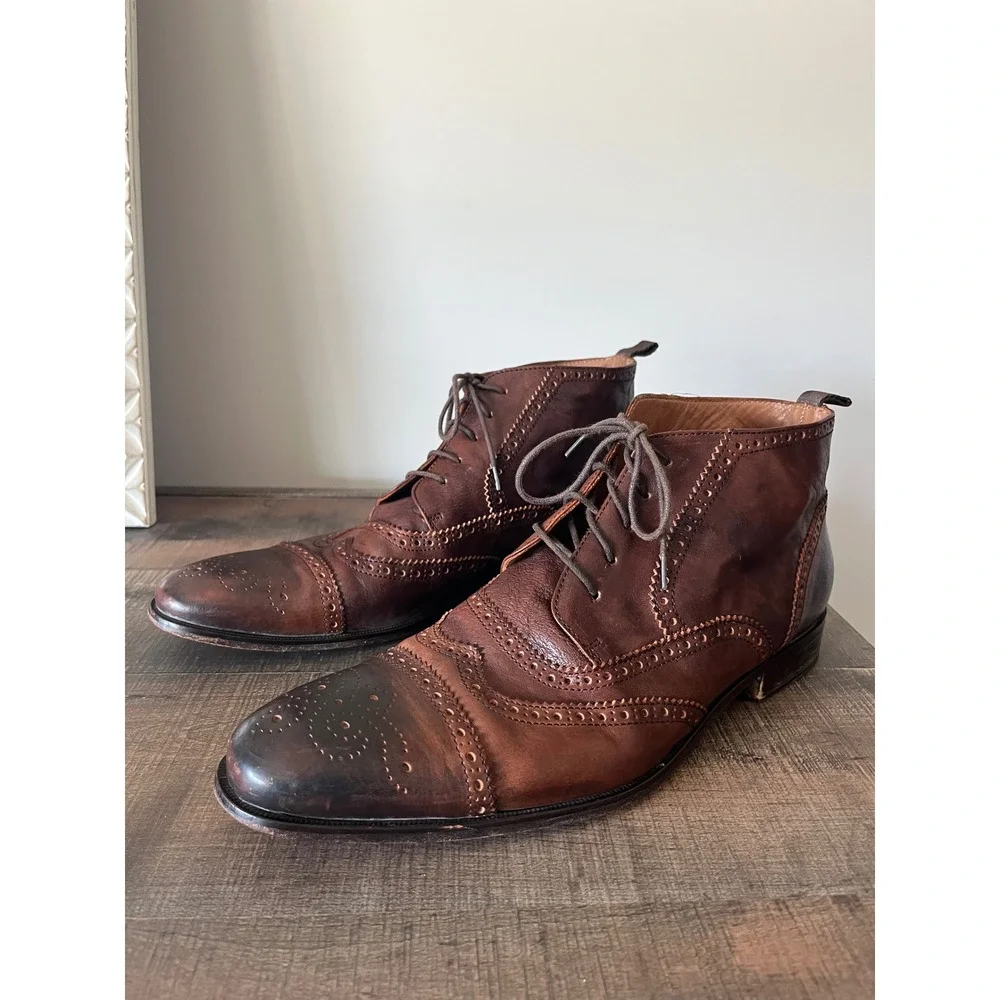 Mikekonos Mens 13 Brown Leather Wingtip Brogue Ankle Boots Made in Italy